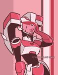  1girl alien arcee blue_eyes breasts cozylittleartblog curvy humanoid_robot medium_breasts panties pink_background pink_lips pink_panties robot solo transformers transformers_animated underwear visor_cap wide_hips 