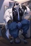 absurd_res anthro archermagnum big_muscles boots canid canine canis clothing fluffels19 footwear hi_res hospital male mammal medical_instrument muscular necktie scientific_instrument shirt shoes solo stethoscope thunderrangers topwear wolf