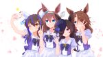  4girls absurdres ahoge animal_ears bangs blue_eyes blush bow bowtie breasts brown_hair cellphone closed_mouth daitaku_helios_(umamusume) ear_covers flower green_eyes grin hair_ornament hair_over_one_eye hairband hairclip hand_up hat hat_flower highres holding holding_phone horse_ears lexis_yayoi long_hair mejiro_palmer_(umamusume) mihono_bourbon_(umamusume) multicolored_hair multiple_girls one_eye_closed open_mouth outstretched_arm phone purple_eyes purple_shirt rice_shower_(umamusume) sailor_collar school_uniform selfie shirt skirt small_breasts smile streaked_hair teeth tracen_school_uniform umamusume upper_body v w white_skirt yellow_eyes 