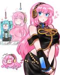  2girls absurdres anger_vein aqua_hair bare_shoulders blue_eyes blush breasts commentary_request cowboy_shot crop_top detached_sleeves dot_nose hatsune_miku headphones headset heart highres large_breasts long_hair looking_to_the_side megurine_luka multiple_girls navel octopus open_mouth osulan own_hands_together parted_lips pink_hair pink_sweater shirt size_comparison skirt sleeveless sleeveless_shirt smile solid_oval_eyes solo_focus sweater takoluka tentacle_hair tentacles trembling twintails v_arms very_long_hair vocaloid waving white_background 