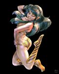 1girl absurdres animal_print arm_behind_head ass bikini black_background blue_eyes breasts cleavage cone_horns full_body green_hair grin hand_in_own_hair hand_on_own_hip hand_up highres horns long_hair looking_at_viewer lum medium_breasts one_eye_closed oni pointy_ears print_bikini print_boots simple_background small_horns smile solo strapless strapless_bikini studystudiomax swimsuit tiger_panties tiger_print urusei_yatsura yellow_bikini 