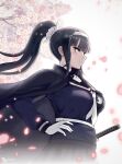  1girl artist_logo artist_name black_cape black_hair black_skirt cape cherry_blossoms commentary derivative_work english_commentary falling_petals gloves grey_eyes hairband hand_on_own_hip high_ponytail highres katana logo long_hair looking_afar looking_to_the_side magadori_kyoshika neckerchief petals pink_petals ponytail redrawn school_uniform self-upload serafuku skirt smile solo soshu_(soshuscribbles) sword the_hundred_line_-last_defense_academy- upper_body weapon white_background white_gloves white_hairband white_neckerchief 