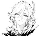  1boy absurdres earrings genshin_impact greyscale hair_between_eyes highres jewelry kaveh_(genshin_impact) light_smile looking_at_viewer male_focus monochrome portrait sho_yai short_hair simple_background solo twitter_username white_background 