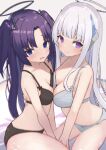  2girls absurdres asymmetrical_docking bangs black_bra black_panties blue_archive blue_eyes blunt_bangs bra breast_press breasts closed_mouth grey_bra grey_hair grey_panties halo headphones highres kirin_(kirin1023) large_breasts long_hair looking_at_viewer medium_breasts multiple_girls noa_(blue_archive) open_mouth panties parted_bangs purple_eyes purple_hair sitting smile two_side_up underwear underwear_only very_long_hair yuuka_(blue_archive) 