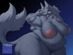  2021 2_tails anthro areola belly big_belly big_breasts blue_eyes breasts canid canine cheek_tuft claws cute_fangs eyeshadow facial_tuft female fur glistening grey_body grey_fur hi_res huge_breasts huge_thighs inner_ear_fluff looking_at_viewer makeup mammal multi_tail muscular navel nipples nude open_mouth overweight pink_areola pink_nipples portrait seto_(yosioka_san) simple_background solo standing thick_thighs three-quarter_portrait tuft wide_hips yosioka_san 