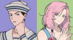  1boy 1girl 2yu2a black_hair blue_eyes commentary_request dixie_cup_hat green_eyes hair_bobbles hair_ornament hat higashikata_josuke_(jojolion) highres hirose_yasuho jojo_no_kimyou_na_bouken jojolion korean_commentary long_sleeves military_hat multicolored_eyes open_mouth own_hands_together pink_hair purple_eyes sailor_collar sailor_shirt shirt smile white_hat 