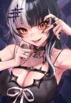 1girl :p absurdres armpits black_dress black_hair black_nails breasts cleavage commentary dress english_commentary fangs fingernails grey_hair hair_ornament highres hololive hololive_english jewelry large_breasts looking_at_viewer multicolored_hair multiple_rings nail_polish open_mouth padoruu revision ring shiori_novella shiori_novella_(1st_costume) smile solo split-color_hair tongue tongue_out two-tone_hair virtual_youtuber yellow_eyes 