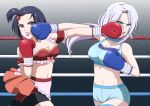  2girls akiba_maid_sensou black_hair blue_eyes bow boxing boxing_gloves boxing_shorts breasts crop_top food-themed_hair_ornament frills grey_hair hair_ornament hair_tie hiromon indoors long_hair mannen_ranko medium_breasts mouth_guard multiple_girls navel orange_bow punching purple_eyes shorts strawberry_hair_ornament zoya_(akiba_maid_sensou) 