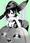  1girl :d amagami-san_chi_no_enmusubi amagami_asahi ass bangs bare_shoulders blush breasts cleavage covered_nipples greyscale_with_colored_background hat highres jack-o&#039;-lantern long_hair monochrome open_mouth popon050707 smile solo witch_hat 