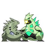  aqua_eyes battle black_eyes black_sclera blacknirrow claws colored_sclera energy energy_ball fangs iron_thorns joints looking_at_another no_humans open_mouth pokemon pokemon_(creature) robot_joints simple_background spikes spoilers standing tyranitar white_background 