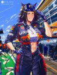  1girl abs animal_ears baseball_cap black_gloves black_hair black_racing_suit breasts commentary cropped_shirt ears_through_headwear english_commentary fenomeno_(umamusume) gloves grin hat highres horse_ears horse_girl horse_tail horseshoe jewelry large_breasts long_hair looking_at_viewer multicolored_hair multiple_others muscular muscular_female n10_arts navel necklace one_eye_closed open_mouth purple_eyes purple_hair racing_suit red_bull shirt smile solo_focus tail teeth umamusume unzipped watch white_shirt wristwatch 
