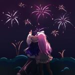  2girls absurdres aerial_fireworks alternate_costume arm_up artist_self-insert aubrey_(faraway)_(omori) aubrey_(omori) backlighting bear_hat black_skirt black_sky bow brown_pantyhose chinese_commentary commentary_request earmuffs feet_out_of_frame fireworks frilled_skirt frills from_behind grey_bow grey_hat grey_jacket grey_skirt hair_bow hat highres holding_hands jacket layered_skirt long_hair long_skirt long_sleeves miniskirt multiple_girls night omori original pantyhose pink_hair pink_jacket plaid_clothes plaid_skirt pointing pointing_up puffy_long_sleeves puffy_sleeves purple_hair rainbrey_0801 side-by-side simple_background skirt sky standing straight_hair wavy_hair yuri 