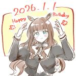  1girl animal_ears arms_up assault_lily black_ribbon blue_eyes blunt_bangs blush brown_hair closed_mouth commentary_request cropped_jacket dated happy_birthday horse_ears juliet_sleeves kaede_johan_nouvel kemonomimi_mode long_hair long_sleeves looking_at_viewer neck_ribbon puffy_sleeves ribbon school_uniform shindo shirt sidelocks smile solo two-tone_background upper_body wavy_hair white_background white_shirt yellow_background yurigaoka_girls_academy_school_uniform 