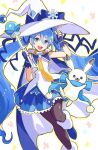  1girl aqua_eyes aqua_hair beamed_eighth_notes black_pantyhose blue_skirt cloak commentary_request eighth_note foot_out_of_frame gloves hair_between_eyes hair_ornament hat hatsune_miku highres holding holding_wand kashimaori long_hair musical_note necktie official_alternate_costume official_alternate_hairstyle open_mouth pantyhose rabbit rabbit_yukine shirt skirt sleeveless sleeveless_shirt smile snowflake_print twintails very_long_hair vocaloid wand white_cloak white_rabbit_(animal) white_shirt witch_hat yellow_necktie yuki_miku yuki_miku_(2014) 