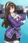  1girl ashigara_(kancolle) ashigara_kai_ni_(kancolle) black_skirt blue_background brown_eyes brown_hair cannon commentary_request cowboy_shot derivative_work hairband highres jacket kantai_collection long_hair multicolored_neckerchief neckerchief pantyhose pleated_skirt purple_jacket rigging skirt smile solo tastas thigh_gap white_hairband white_pantyhose white_skirt yakizakana_(sakana_u_u) 