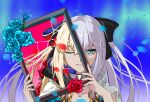  2girls aesc_(fate) aesc_(savior)_(fate) black_bow blonde_hair blue_eyes bow commentary_request fate/grand_order fate_(series) fur_trim hair_between_eyes hair_bow highres jianshikuang long_hair looking_at_viewer morgan_le_fay_(fate) morgan_le_fay_(second_ascension)_(fate) multiple_girls ponytail simple_background smile very_long_hair white_hair 
