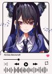  1girl alternate_costume beamed_eighth_notes black_flower black_hair black_horns black_necktie blue_hair breasts character_name closed_mouth collared_shirt colored_inner_hair commentary crossed_bangs demon_horns dress_shirt earphones eighth_note english_commentary fast_forward_button flower gummy_candy_93 hair_between_eyes halftone heart hololive hololive_english horn_flower horns long_hair looking_at_viewer media_player_interface medium_breasts multicolored_hair musical_note necktie nerissa_ravencroft parted_bangs play_button quarter_note red_eyes repeat_button rewind_button shirt short_sleeves shuffle_button smile solo two-tone_hair upper_body virtual_youtuber white_shirt 