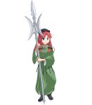  1girl absurdres alternate_costume black_footwear blue_eyes boots braid chinese_clothes highres holding holding_polearm holding_weapon hong_meiling ji_(weapon) long_hair polearm radragrad red_hair touhou twin_braids weapon 