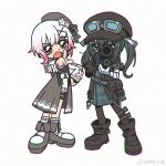  2girls aiming ammunition_pouch bandaged_arm bandages beret black_boots black_hair black_hat black_jacket boots chinese_commentary commentary_request dress fang flower full_body goggles goggles_on_headwear grey_dress gun hair_flower hair_ornament hand_on_own_hip hat highres holding holding_gun holding_weapon jacket kurobe_nanoka long_hair long_sleeves looking_at_viewer mahou_shoujo_no_majo_saiban multicolored_hair multiple_girls open_mouth pink_eyes pink_hair pointing pointing_at_viewer pouch retro_artstyle sakuraba_ema short_hair simple_background standing tearing_up watermark weapon weibo_watermark white_background white_hair x_hair_ornament yang_yu_sanjiao 