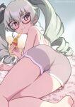  1girl anchovy_(girls_und_panzer) ass ass_focus back bare_shoulders black-framed_eyewear black_ribbon blush brown_eyes commentary_request covered_nipples drill_hair eating ehirorotoon food from_behind girls_und_panzer green_background green_hair grey_shorts hair_between_eyes highres holding holding_food holding_pizza long_hair looking_at_viewer looking_back lying multiple_hair_ribbons on_rug on_stomach pantylines pizza pizza_box ribbon shorts shoulder_blades soles solo tank_top teeth thighs thighs_together tsurime twin_drills two-tone_background white_background 