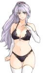  1girl absurdres ass_visible_through_thighs bare_shoulders black_bra black_panties bra breasts cleavage collarbone fire_emblem fire_emblem:_genealogy_of_the_holy_war grey_hair highres ishtar_(fire_emblem) large_breasts long_hair looking_at_viewer panties ponytail purple_eyes solo thighhighs thighs tridisart underwear very_long_hair 