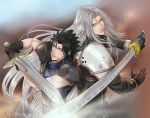  2boys armor back-to-back black_coat black_gloves black_hair blue_eyes blue_sweater bruise bruise_on_face closed_mouth coat commentary crisis_core:_final_fantasy_vii crylin6 english_commentary fighting_stance final_fantasy final_fantasy_vii gloves green_eyes grey_hair holding holding_sword holding_weapon injury katana long_hair looking_at_viewer male_focus masamune_(ff7) multiple_boys parted_bangs parted_lips ribbed_sweater sephiroth short_hair shoulder_armor sleeveless sleeveless_turtleneck spiked_hair sweater sword turtleneck turtleneck_sweater upper_body weapon zack_fair 