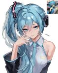  1girl aqua_eyes aqua_hair aqua_nails bare_shoulders breasts commentary detached_sleeves grey_shirt hatsune_miku highres long_hair looking_at_viewer medium_breasts meme reference_inset sakichka shirt side_ponytail sidetail_miku_noodle_stopper_(meme) simple_background smile solo twitter_username upper_body very_long_hair vocaloid white_background 