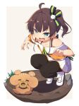  1girl absurdres ahoge bare_shoulders black_camisole black_pantyhose blush boots border brown_hair camisole claw_pose collarbone commentary_request donut eating fang food green_eyes grey_background highres holding holding_food hololive iyokan_momiji jacket natsuiro_matsuri natsuiro_matsuri_(1st_costume) off-shoulder_jacket off_shoulder open_mouth orange_jacket pantyhose pleated_skirt puffy_short_sleeves puffy_sleeves short_sleeves side_ponytail skirt solo squatting squirrel white_boots white_border white_skirt 