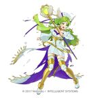  1girl boots cape commentary_request damaged dress fire_emblem fire_emblem:_the_sacred_stones fire_emblem_heroes green_cape green_eyes green_hair high_heel_boots high_heels holding holding_staff l'arachel_(fire_emblem) l'arachel_(justice-armed)_(fire_emblem) official_alternate_costume official_art open_mouth shoulder_pads solo staff thighhighs torn_cape torn_clothes transparent_background tsukana_(saba_mizore) v-shaped_eyebrows valkyrie white_dress 