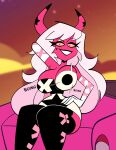  2022 absurd_res big_breasts breasts demon eyebrows female fingers helluva_boss hi_res horn looking_at_viewer monamania pink_body pink_eyes pink_skin sitting smile solo succubus vehicle verosika_mayday_(helluva_boss) yellow_sclera 