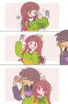  1boy 1girl black_choker black_eyes blonde_hair blush_stickers brown_hair cellphone chara_(undertale) choker closed_eyes collared_sweater commentary_request emoji frisk_(undertale) genderswap genderswap_(otf) genderswap_(otm) green_sweater heart highres long_hair mr0x0 off-shoulder_sweater off_shoulder phone pink_background pleading_face_emoji polka_dot polka_dot_background purple_sweater red_eyes red_hair selfie shirt_under_sweater short_hair simple_background smartphone snatch sparkle spoken_heart striped_clothes striped_sweater sweater tearing_up tongue tongue_out too_many_watermarks two-tone_sweater u_u undertale unusually_open_eyes utdr_(toby_fox) v watermark watermark_grid white_background 