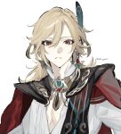  1boy absurdres blonde_hair closed_mouth commentary_request earrings feather_hair_ornament feathers genshin_impact hair_ornament highres jewelry kaveh_(genshin_impact) light_blush male_focus medium_hair red_eyes shirt sho_yai simple_background solo twitter_username upper_body white_background white_shirt 