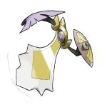  aegislash black_sclera blacknirrow bright_pupils colored_sclera english_commentary holding holding_shield no_humans one-eyed pokemon pokemon_(creature) purple_eyes shield simple_background slit_pupils solo sword weapon white_background white_pupils 