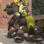  1:1 3d_(artwork) absurd_res blender_(software) blizzard_entertainment blush bodily_fluids breasts butt clothed clothing digital_media_(artwork) female genital_fluids genitals hi_res koofey machine orisa_(overwatch) overwatch peeing plant puddle pussy robot solo street taur trash_can tree urine video_games watermark watersports wet wet_clothing wetting 