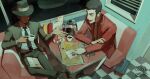  2boys arsene_lupin_iii beard black_hair black_jacket black_necktie black_pants black_shirt cafe checkered_floor coffee coffee_mug coffee_pot commentary_request couch cup disposable_cup facial_hair fedora food french_fries from_above hat highres holding holding_cup indoors jacket jigen_daisuke lupin_iii male_focus map mug multiple_boys necktie open_mouth pants red_jacket restaurant shirt short_hair sideburns sitting smile suit table tray wenle902 white_shirt window 
