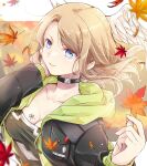  1girl autumn autumn_leaves black_bodysuit black_choker blue_eyes bodysuit breast_tattoo breasts brown_hair choker cleavage closed_mouth collarbone commentary_request eunie_(xenoblade) floating_hair head_wings holding holding_leaf hood hood_down hooded_jacket jacket large_breasts leaf long_hair long_sleeves looking_away open_clothes open_jacket pocket smile solo tattoo ui_frara upper_body white_wings wings xenoblade_chronicles_(series) xenoblade_chronicles_3 