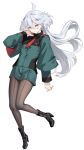  1girl ahoge asticassia_school_uniform bangs black_footwear black_pantyhose boots breasts green_jacket green_shorts grey_eyes grey_hair gundam gundam_suisei_no_majo hair_between_eyes high_heel_boots high_heels highres jacket long_hair long_sleeves looking_at_viewer miorine_rembran necktie pantyhose pantyhose_under_shorts school_uniform shorts small_breasts solo spider_apple swept_bangs white_background 