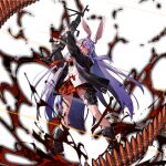  1girl alternate_costume ammunition_belt animal_ears black_jacket blood blood_on_clothes blood_splatter boots fantastic_danmaku_festival finger_on_trigger full_body game_cg glowing glowing_eyes goggles goggles_on_head gun holding holding_gun holding_weapon holster jacket long_hair machine_gun necktie official_art plaid_clothes plaid_skirt purple_hair rabbit_ears red_eyes red_necktie reisen_udongein_inaba scorpion5050 shirt skirt solo thigh_holster third-party_source touhou very_long_hair weapon white_shirt 