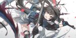  1girl arknights arknights:_endfield black_boots black_gloves black_hair blue_gloves blue_horns blue_jacket blue_tail boots chen_qianyu_(arknights) cropped_jacket dragon_girl dragon_horns dragon_tail dual_wielding eastern_dragon_horns eastern_dragon_tail feet_out_of_frame gloves grey_eyes highres holding holding_sword holding_weapon horns jacket kieed knee_boots long_hair long_sleeves looking_at_viewer multicolored_gloves official_art open_clothes open_jacket open_mouth petals red_pupils smile solo sword tail teeth thighs third-party_source twintails two-tone_gloves upper_teeth_only weapon white_background 