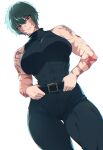  1girl bare_shoulders belt black_belt black_pants breasts brown_eyes closed_mouth commentary green_hair highres jujutsu_kaisen large_breasts looking_at_viewer multiple_scars muscular muscular_female pants scar scar_on_arm scar_on_face simple_background solo spoiledmuffin white_background zen'in_maki 