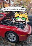  1girl absurdres animal_ear_fluff animal_ears artist_name blonde_hair brick car chibi commission english_text furrowed_brow green_eyes hashtag-only_commentary highres holding holding_wrench ju_fufu long_hair motor_vehicle multicolored_hair outdoors parted_lips photo_background porsche porsche_944 solo speech_bubble tiger_ears tiger_girl tree wrench wtvr_ccc zenless_zone_zero 