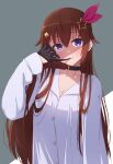  1girl bangs biting black_choker black_gloves blue_eyes breasts brown_hair choker cleavage collarbone collared_shirt dress_shirt glove_biting glove_in_mouth glove_pull gloves hair_between_eyes hair_flaps hair_ornament hairclip highres hololive loeldrive long_hair long_sleeves looking_at_viewer medium_breasts mouth_hold naked_shirt no_bra parted_lips shaded_face shirt solo star_(symbol) star_hair_ornament tokino_sora very_long_hair virtual_youtuber white_shirt wing_collar 