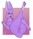  2022 absurd_res anthro anus big_breasts bodily_fluids breasts buckteeth butt claws female fur genitals hair hi_res lagomorph leporid long_ears lying mammal nipples nude on_back pawpads plump_labia purple_body purple_fur purple_hair pussy rabbit raised_leg sharkysocks smile solo sweat teeth 