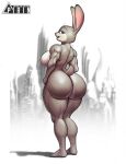  anthro big_breasts big_butt breasts butt disney female fur grey_body grey_fur hi_res huge_butt judy_hopps lagomorph leporid looking_at_viewer looking_back mammal muscular muscular_female nude open_mouth pirin-apex purple_eyes rabbit rear_view simple_background solo standing thick_thighs zootopia 