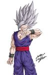  1boy arm_at_side battle_damage big_hair dougi dragon_ball dragon_ball_super dragon_ball_super_super_hero gohan_beast grey_hair grin highres looking_at_viewer male_focus red_eyes signature smile son_gohan spiked_hair standing torn_clothes youngjijii 
