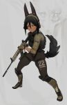  1girl absurdres animal_ears armored_boots black_hair boots bulletproof_vest commentary ear_protection english_commentary extra_ears gun hair_between_eyes highres holding holding_gun holding_weapon holster jackal looking_at_viewer military_uniform mouthpiece original panties polilla pouch rifle see-through_clothes see-through_legwear short_eyebrows skindentation tail thigh_holster underwear weapon white_background wristband yellow_eyes 