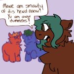 1:1 2022 ambiguous_feral ambiguous_gender blue_body blue_fur blurred_character broken_english brown_eyes brown_hair dialogue digital_drawing_(artwork) digital_media_(artwork) english_text eyelashes female female_feral feral flat_colors fluffy_pony fluffy_pony_(species) fluffymeat fur green_hair group hair hi_res insult looking_at_another mammal open_mouth orange_hair purple_background red_body red_fur simple_background solo_focus teeth text trio
