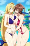  2girls asymmetrical_docking bikini blonde_hair breast_press breasts brown_hair cleavage glasses green_eyes highres lindaroze long_hair looking_at_viewer low-tied_long_hair mikado_ryouko multiple_girls navel pool short_hair swimsuit teacher tearju_lunatique to_love-ru tongue tongue_out very_long_hair yellow_eyes 