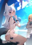  2girls :d ahedtra among_us animal_ears areola_slip ass back bare_shoulders bikini blonde_hair blue_eyes blue_hair blush breasts cat_ears crewmate_(among_us) fish_tail gawr_gura grin highres holding holding_water_gun hololive hololive_english long_hair looking_at_viewer multicolored_hair multiple_girls open_mouth sailor_collar shark_tail sitting small_breasts smile swimsuit tail two-tone_hair virtual_youtuber water_gun watson_amelia white_hair 
