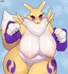  3_fingers anthro areola bandai_namco big_breasts biped blue_eyes blush bodily_fluids breasts canid chest_tuft curvy_figure digimon digimon_(species) eyelashes female fingers fluffy fluffy_tail hanging_breasts hi_res huge_breasts mammal markings nipples pink_areola pink_nipples purple_markings renamon signature simple_background solo sususuigi sweat thick_thighs tuft wide_hips yellow_body 